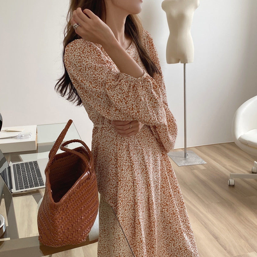 KPOP Style Floral Lantern Sleeve Chiffon Dress