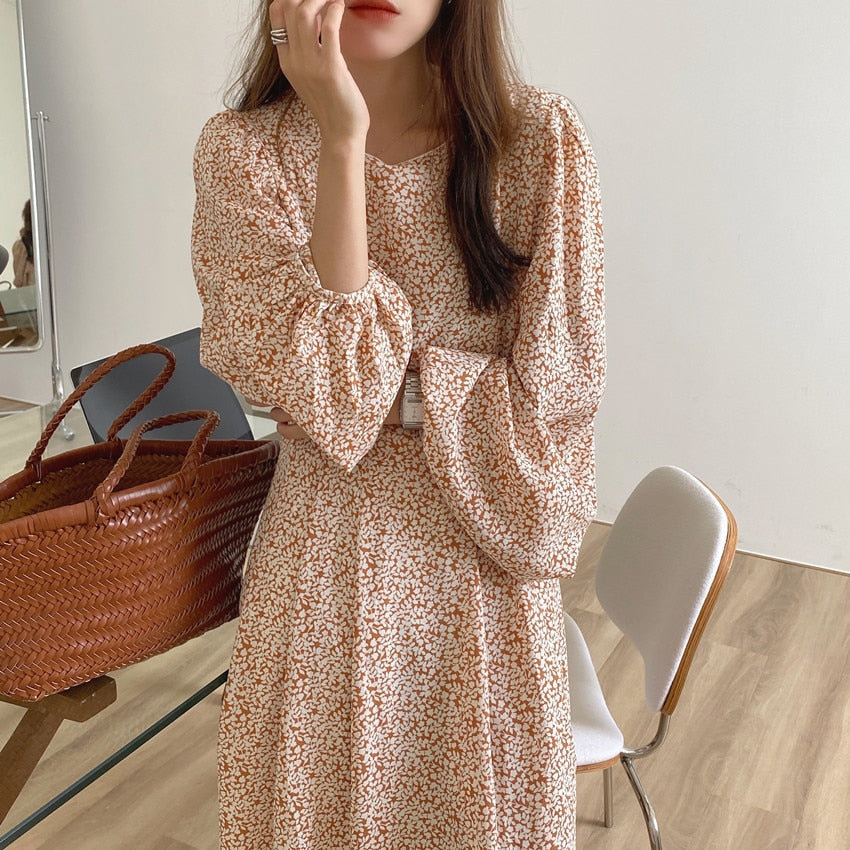 KPOP Style Floral Lantern Sleeve Chiffon Dress