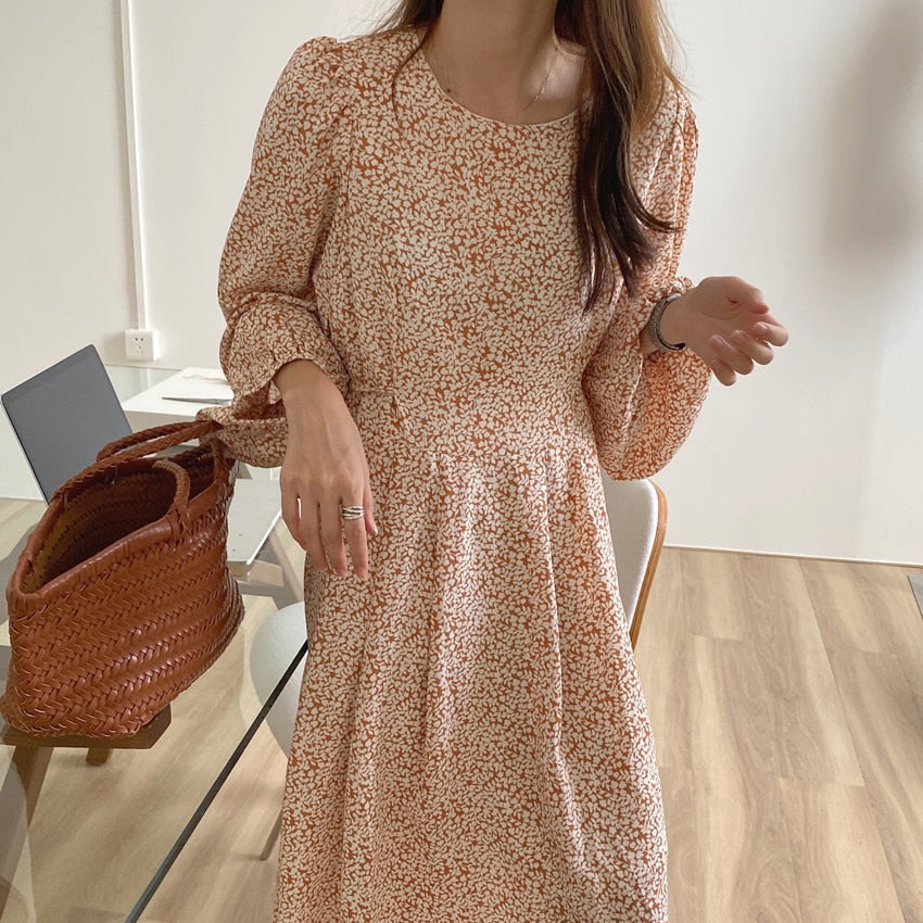 KPOP Style Floral Lantern Sleeve Chiffon Dress