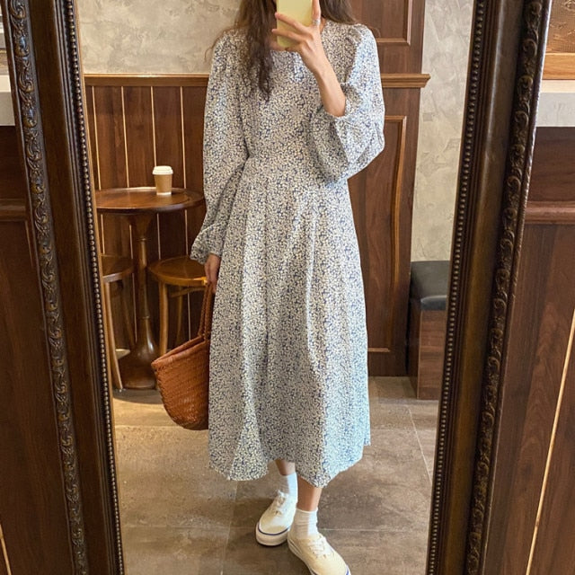 KPOP Style Floral Lantern Sleeve Chiffon Dress