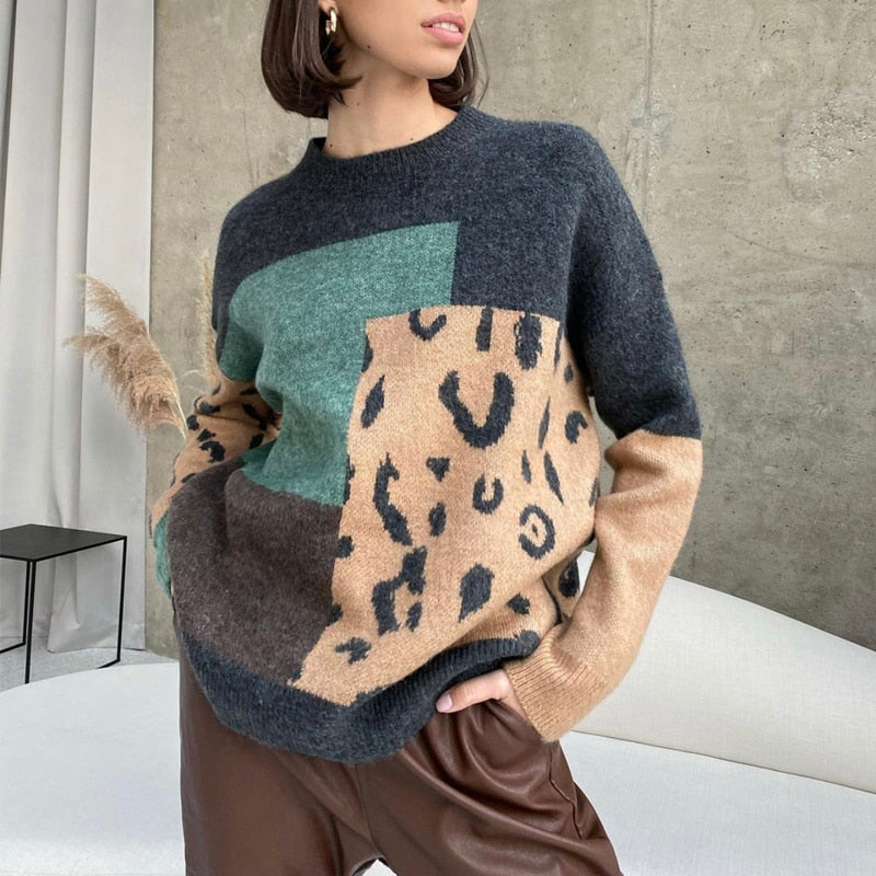 Leopard Patchwork Cashmere Retro Sweatshirt(One Size)