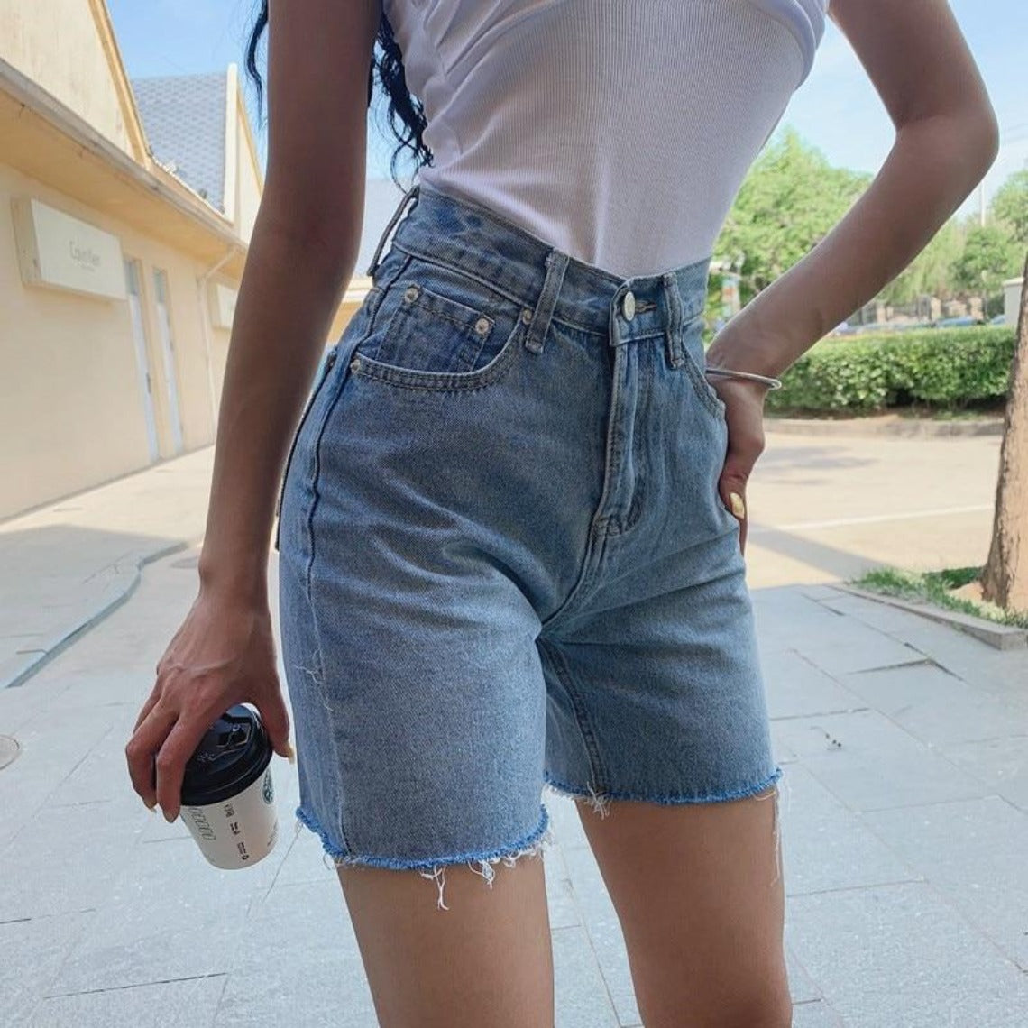 Five-point Tight High Waisted Long Denim Shorts