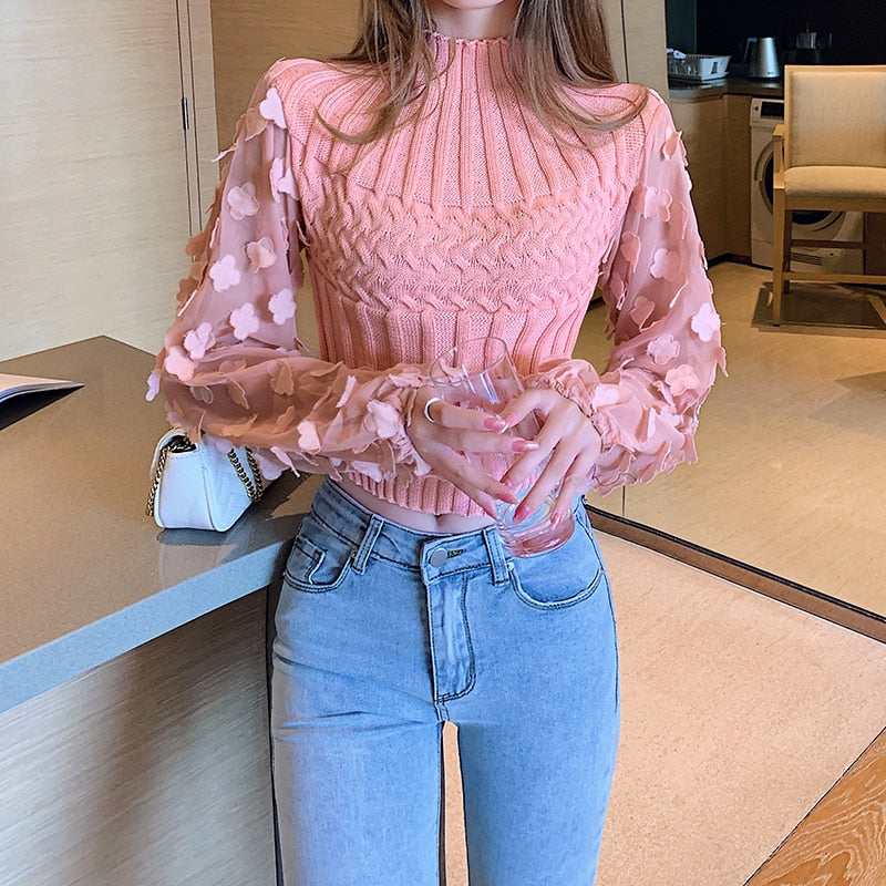 Turtleneck Mesh Patchwork Knitwear Top