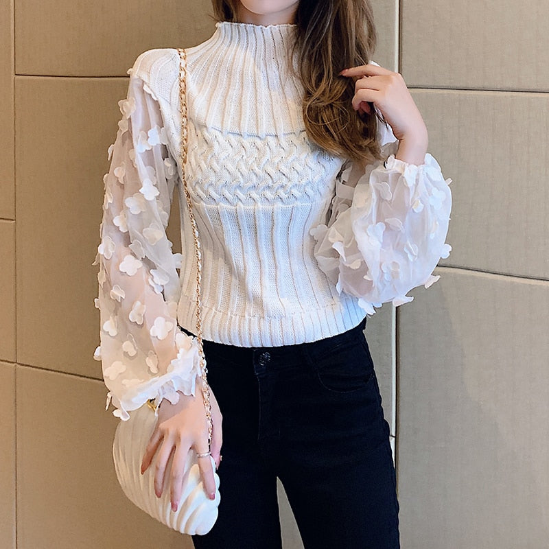 Turtleneck Mesh Patchwork Knitwear Top
