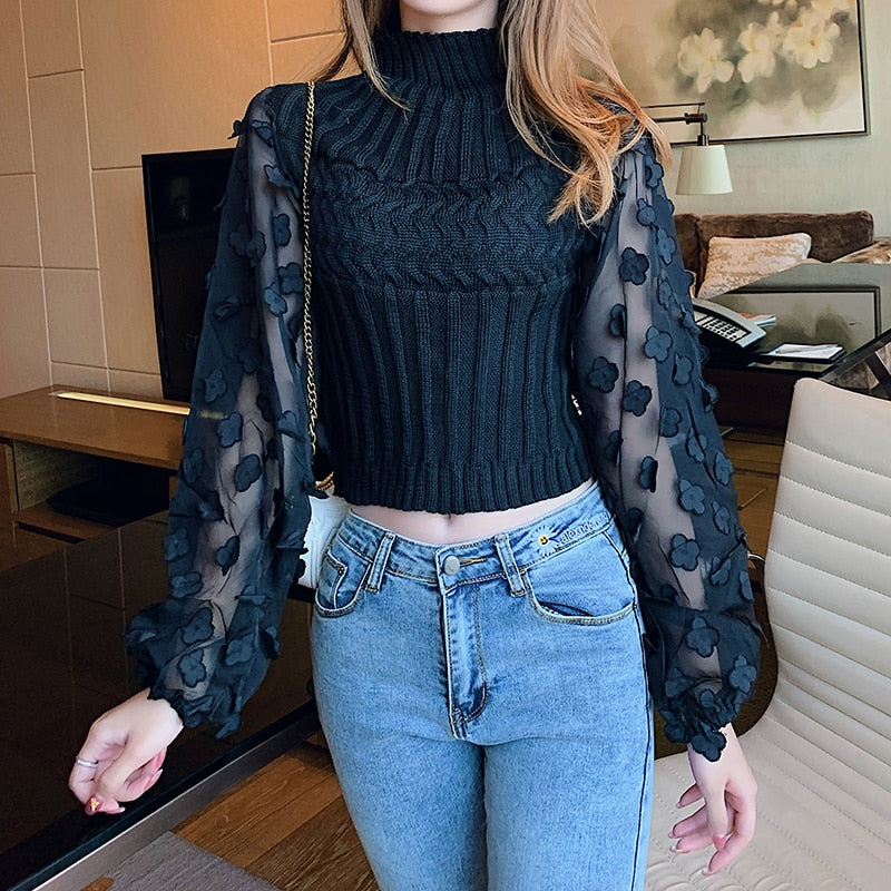 Turtleneck Mesh Patchwork Knitwear Top