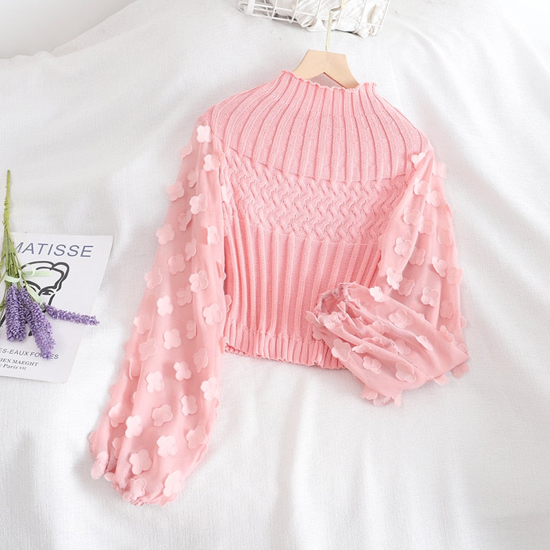 Turtleneck Mesh Patchwork Knitwear Top