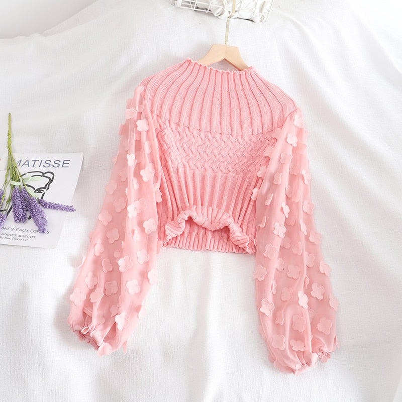 Turtleneck Mesh Patchwork Knitwear Top