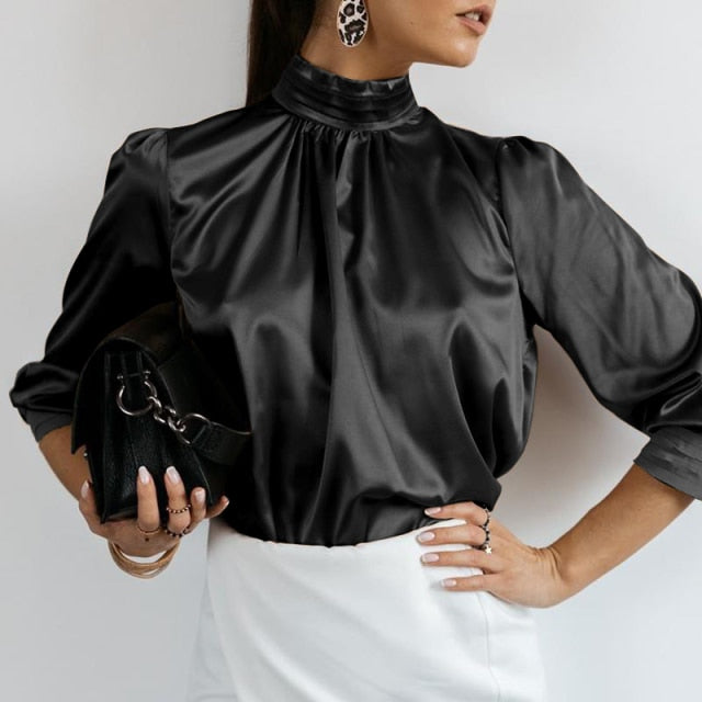 Elegant Solid High Collar Silk Blouse