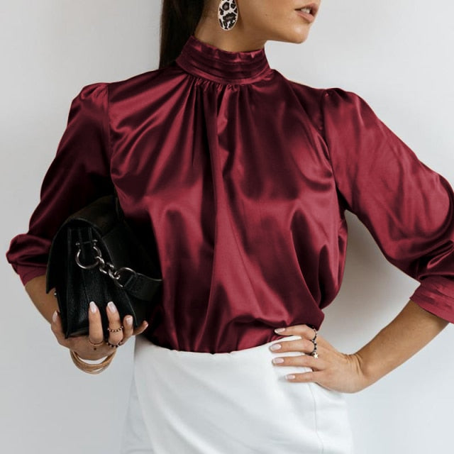Elegant Solid High Collar Silk Blouse