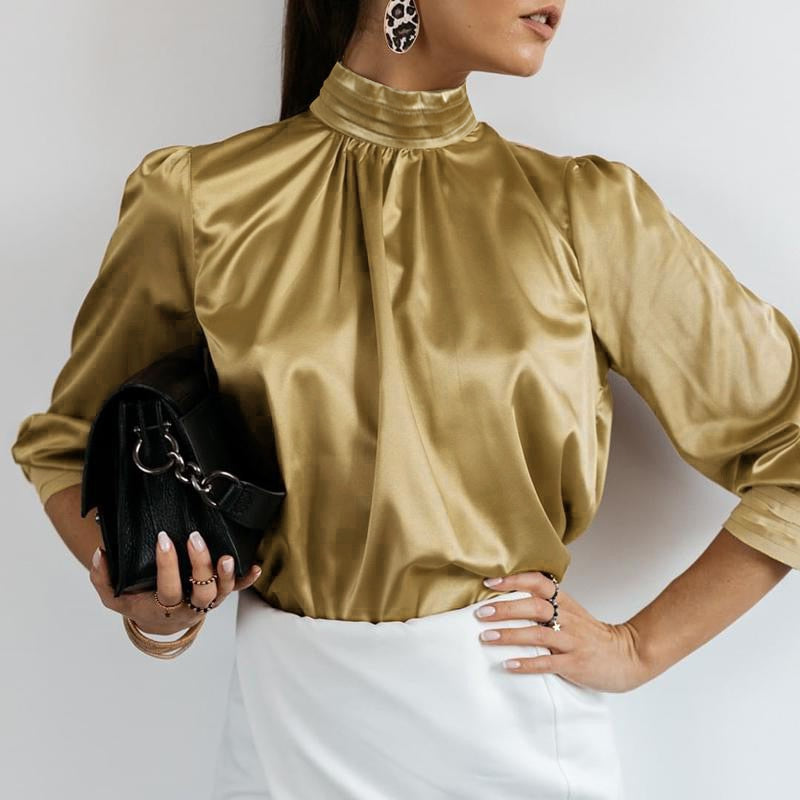 Elegant Solid High Collar Silk Blouse