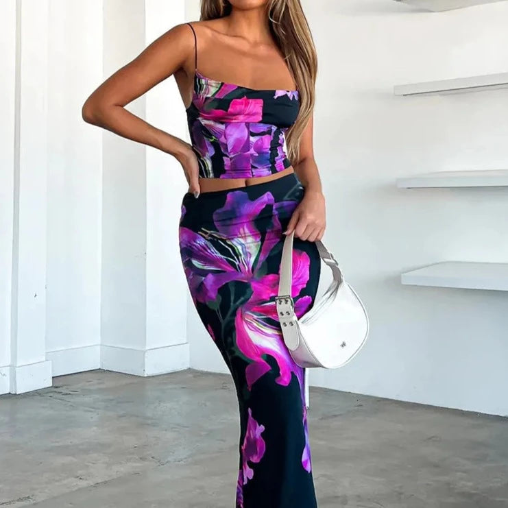 Purple Floral Sexy Bodycon Outfit Set