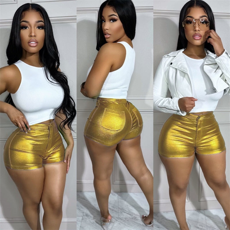 Metallic Y2K Button Fly Slim Shorts