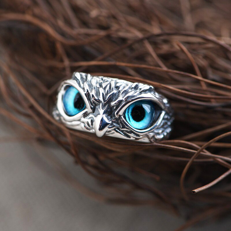 Retro Blue Crystal Eyes Owl Rings