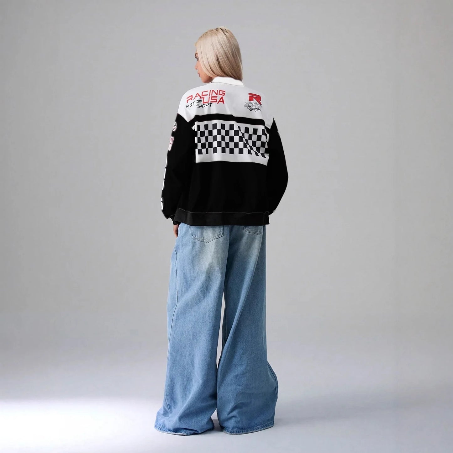 Y2K Retro Racing Bomber Jacket - Unisex Oversized Streetwear Moto Jacket - Embroidered Patchwork Windbreaker - Harajuku Style Full-Zip Biker Outwear - Aesthetic Speed Club Jacket