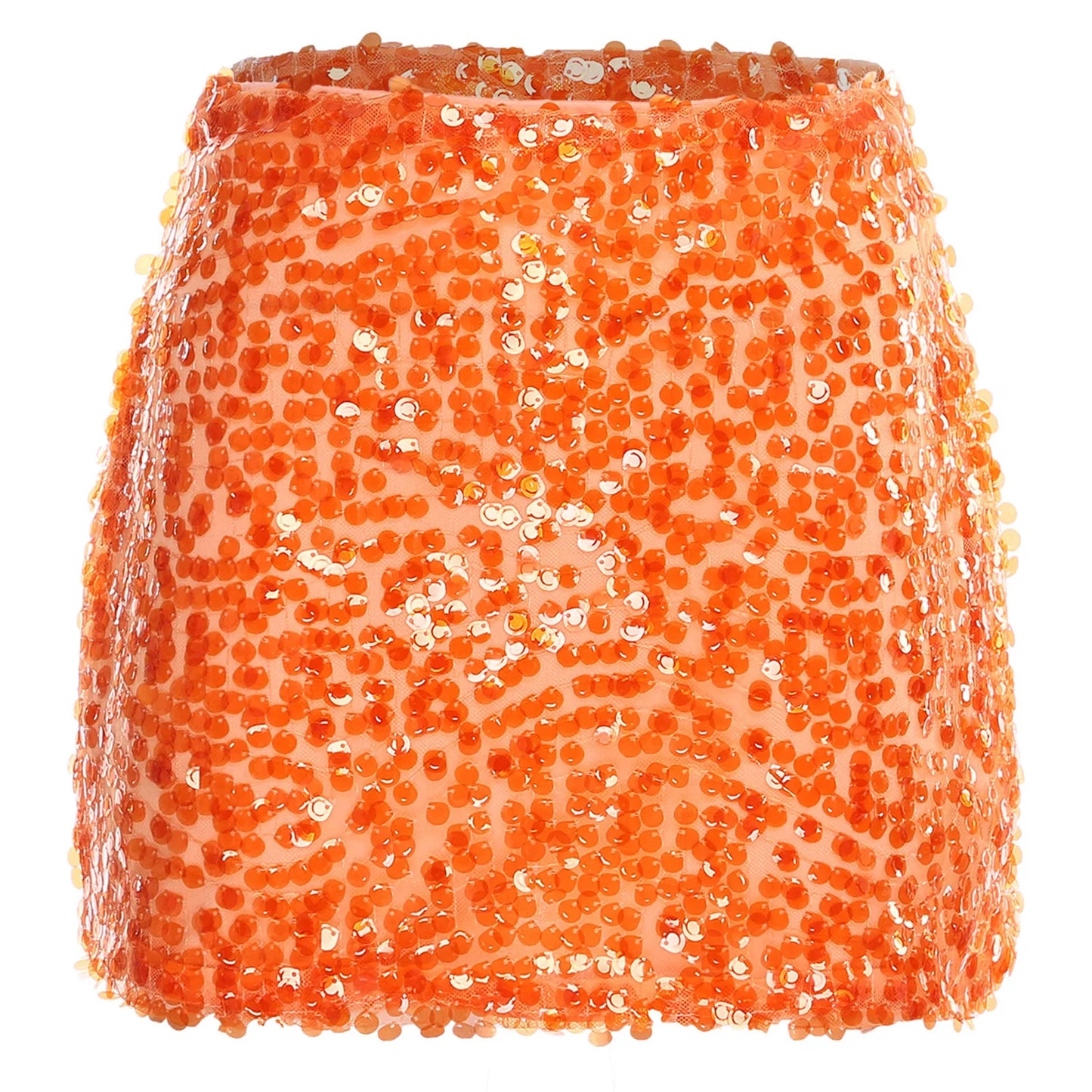Sparkly Orange Sequin Mini Skirt - Premium Glitter Bodycon Club Nightwear - Vibrant Summer Festival Rave Outfits - High-Waisted Shimmering Party A-Line Skirt for Women