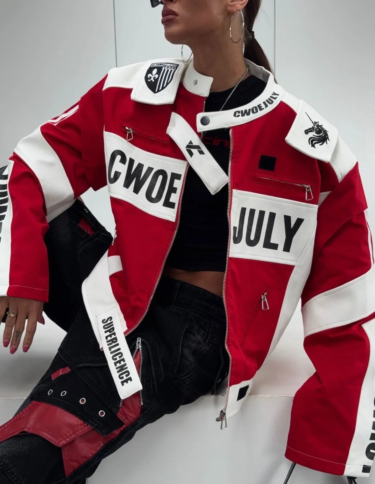 Y2K Red & White Cropped Biker Racing Leather Jacket - Moto Streetwear Bomber with Graphic Patches - Women’s High-Octane Vintage Racing Coat