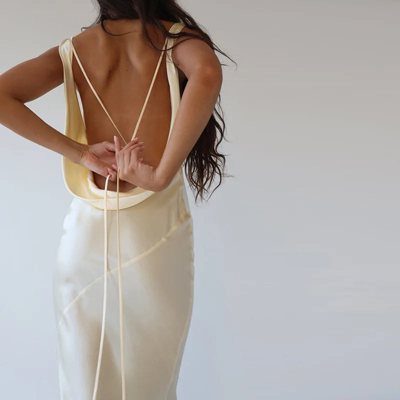 Elegant Buttermilk Cowl Neck Satin Maxi Slip Dress - Premium Backless Draped Silk Evening Gown - Luxury Champagne Long Dress with Low Open Back for Weddings, Prom, Dinners & Formal Events
