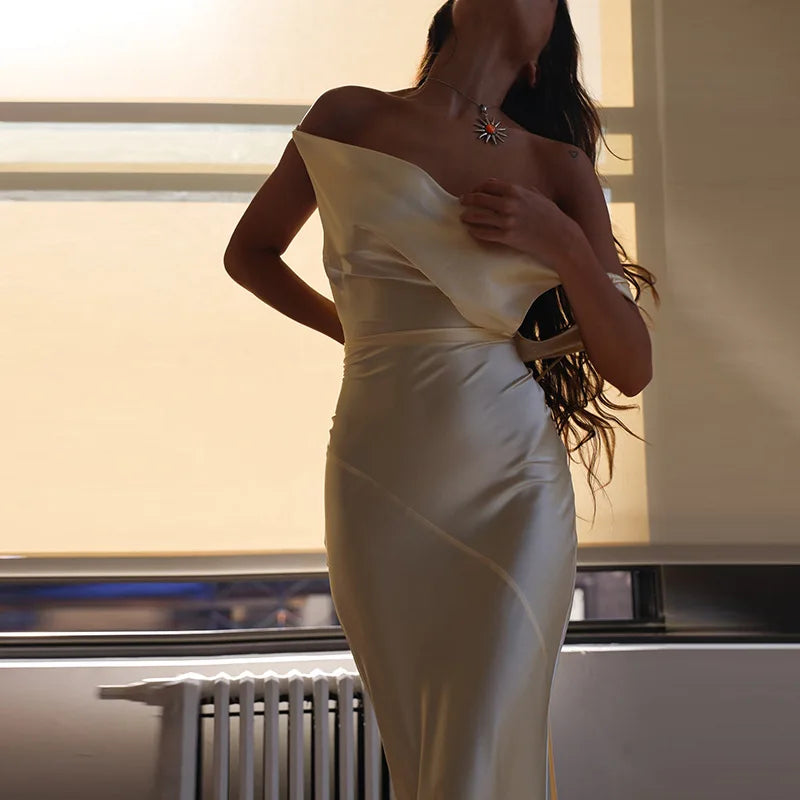 Elegant Buttermilk Cowl Neck Satin Maxi Slip Dress - Premium Backless Draped Silk Evening Gown - Luxury Champagne Long Dress with Low Open Back for Weddings, Prom, Dinners & Formal Events