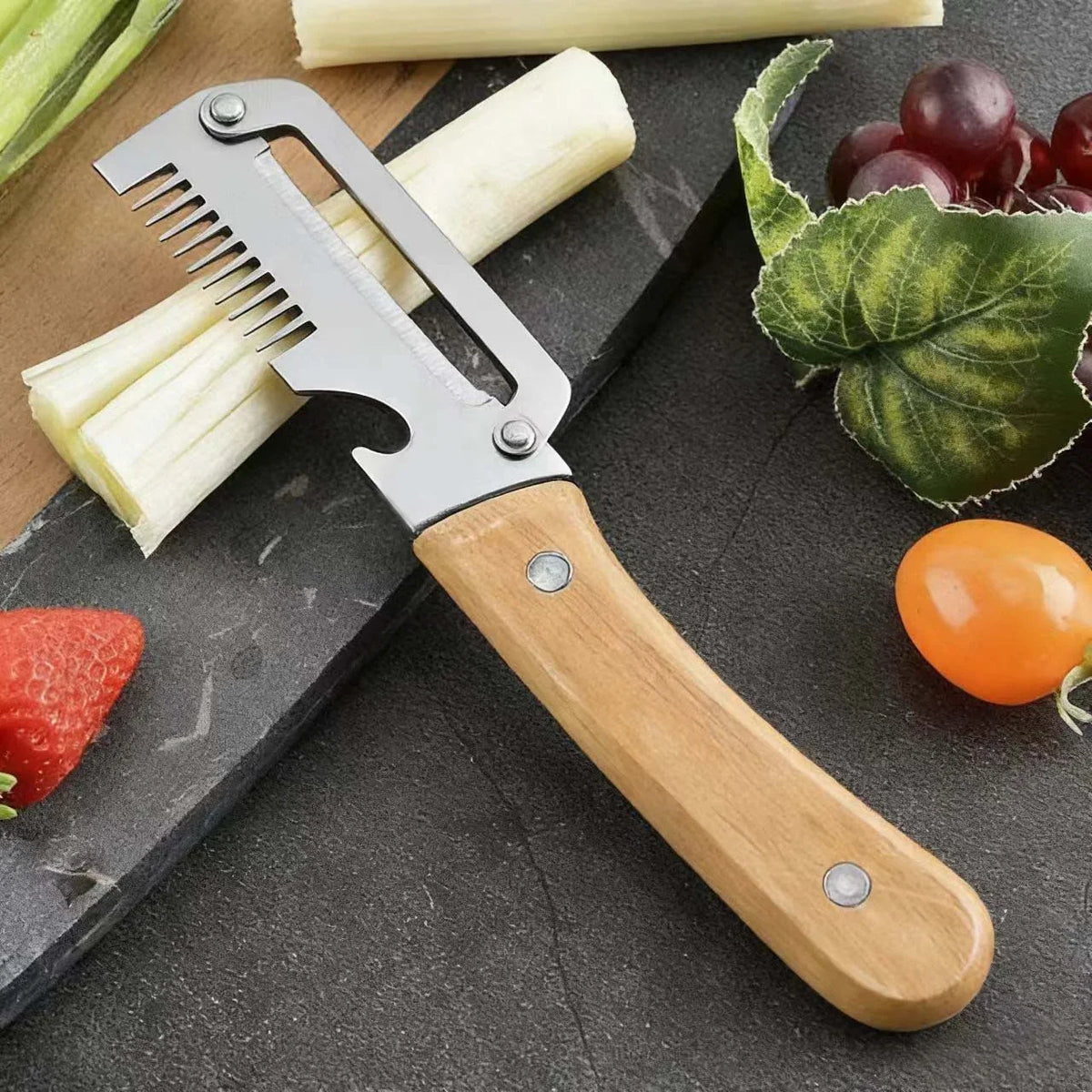 Multifunctional Cabbage Shredder & Vegetable Peeler Slicer - Stainless Steel Dual-Blade Julienne Cutter with Ergonomic Wooden Handle - Handheld Kitchen Tool for Coleslaw, Salads & Prep
