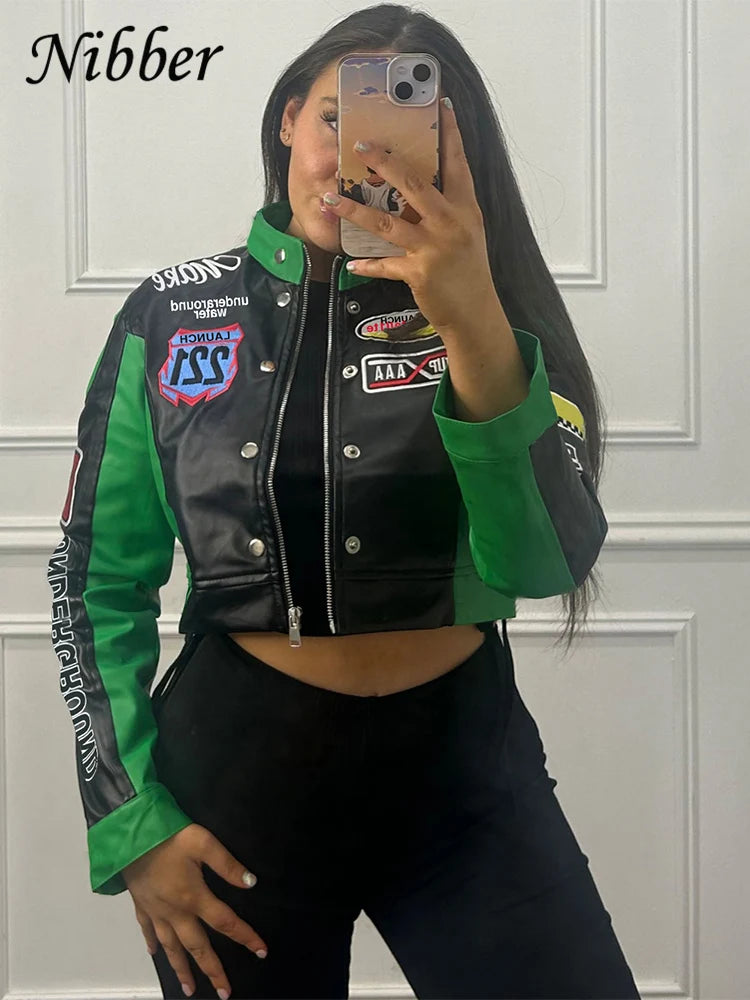 Y2K Retro Racing Crop Jacket - Women’s Harajuku Moto Streetwear - Green & Black Patchwork Faux Leather Biker Outwear - Aesthetic Speed Club Cropped Bomber - Vintage Moto-Style Fashion