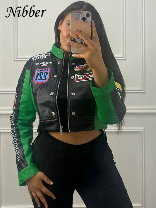 Y2K Retro Racing Crop Jacket - Women’s Harajuku Moto Streetwear - Green & Black Patchwork Faux Leather Biker Outwear - Aesthetic Speed Club Cropped Bomber - Vintage Moto-Style Fashion