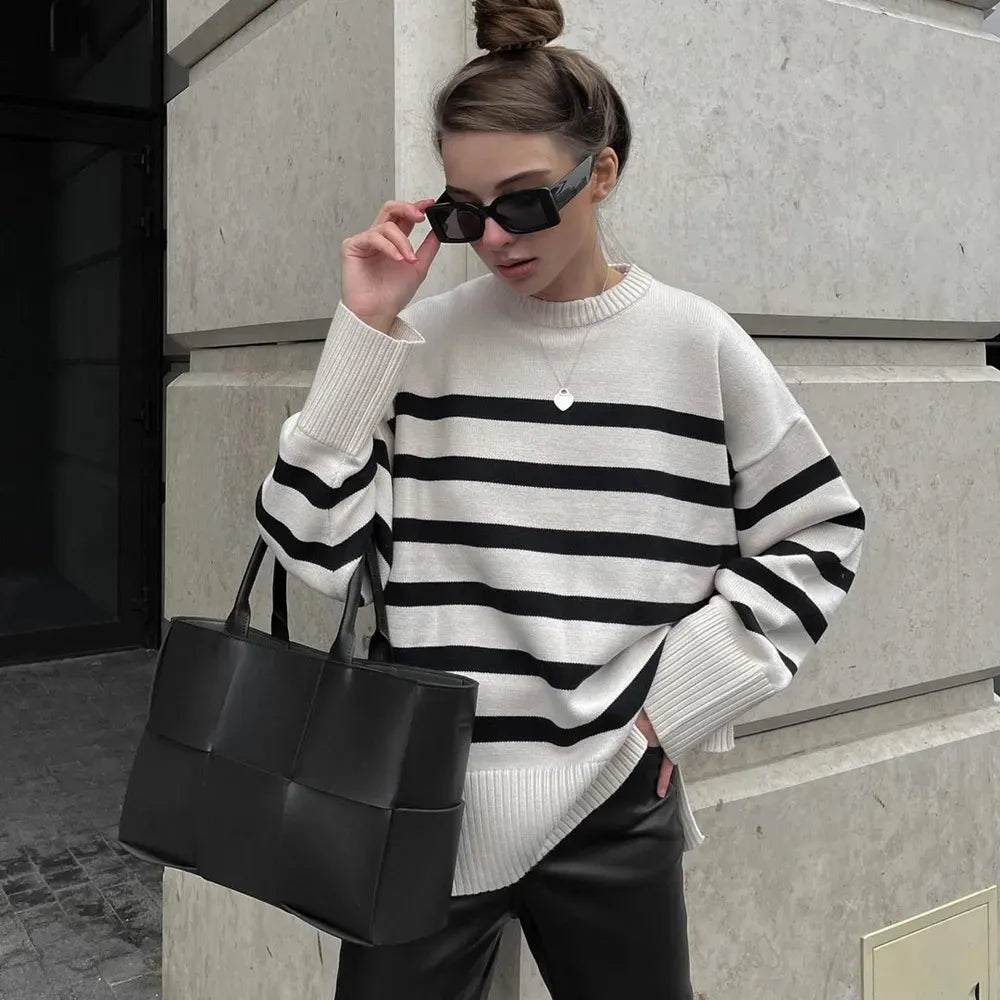 Chic Striped Low Slit Sweater