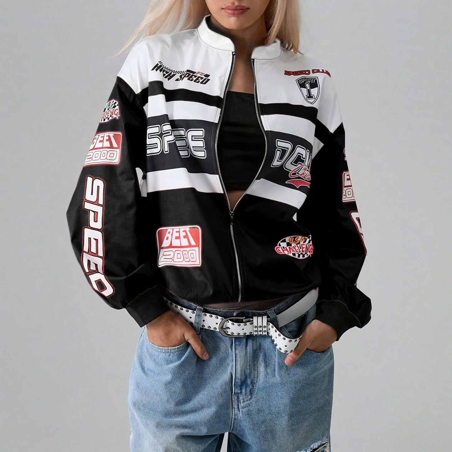 Y2K Retro Racing Bomber Jacket - Unisex Oversized Streetwear Moto Jacket - Embroidered Patchwork Windbreaker - Harajuku Style Full-Zip Biker Outwear - Aesthetic Speed Club Jacket