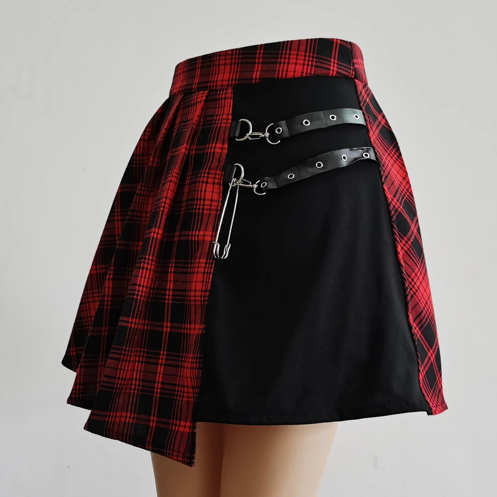 Gothic Red Plaid Patchwork Mini Skirt - Punk Rock Asymmetrical Pleated Skater Skirt - Harajuku Alt E-Girl A-Line Bottoms - Edgy High-Waisted Streetwear Skirt with Faux Leather Buckles & Safety Pin Accent