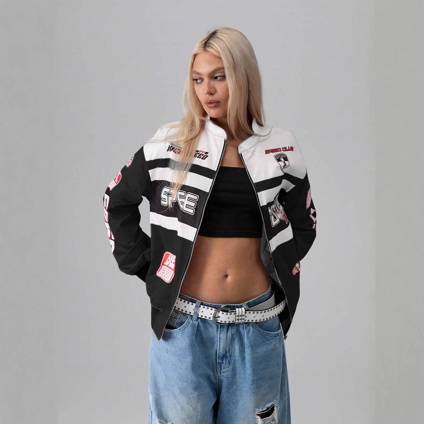 Y2K Retro Racing Bomber Jacket - Unisex Oversized Streetwear Moto Jacket - Embroidered Patchwork Windbreaker - Harajuku Style Full-Zip Biker Outwear - Aesthetic Speed Club Jacket
