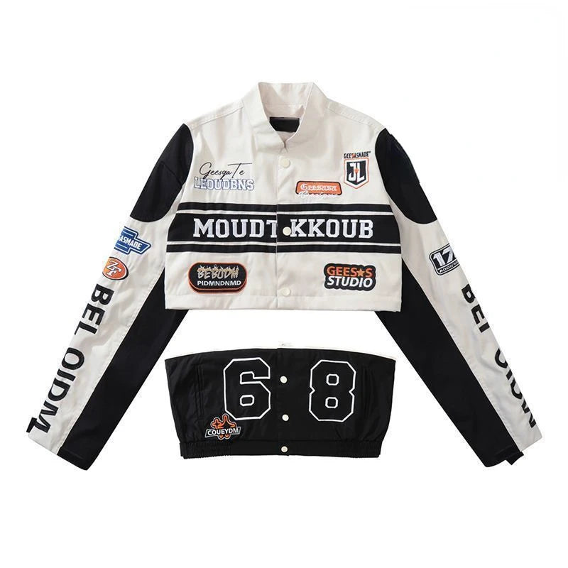 Y2K Harajuku Graphic Cropped Varsity Jacket & Mini Skirt Set - Streetwear Two-Piece Outfits - Letterman Racing Bomber & Number 98 High-Waist Skirt