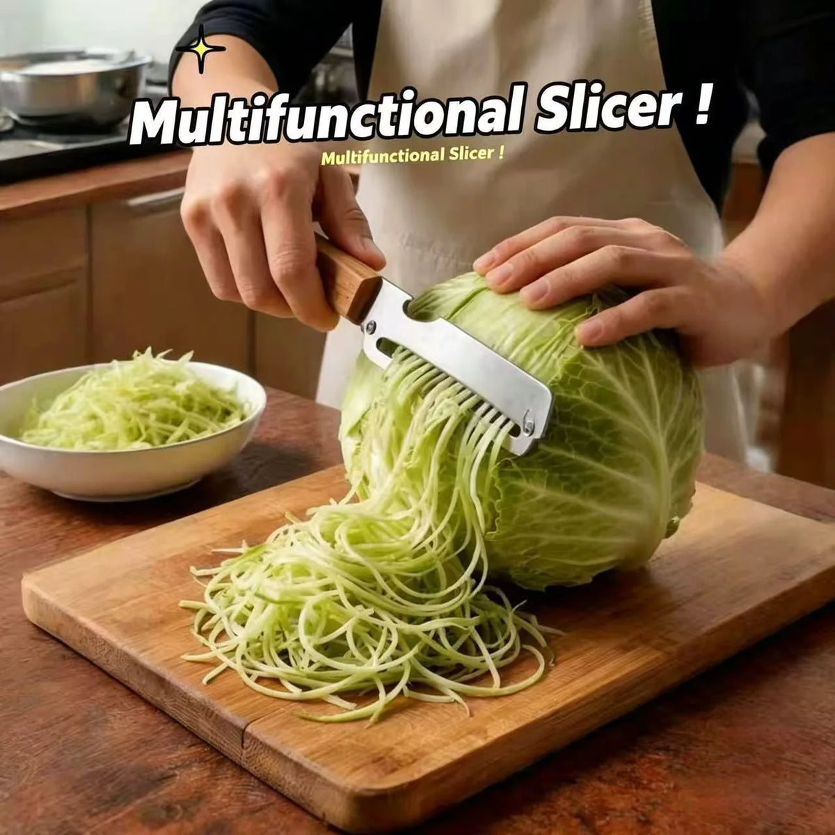 Multifunctional Cabbage Shredder & Vegetable Peeler Slicer - Stainless Steel Dual-Blade Julienne Cutter with Ergonomic Wooden Handle - Handheld Kitchen Tool for Coleslaw, Salads & Prep