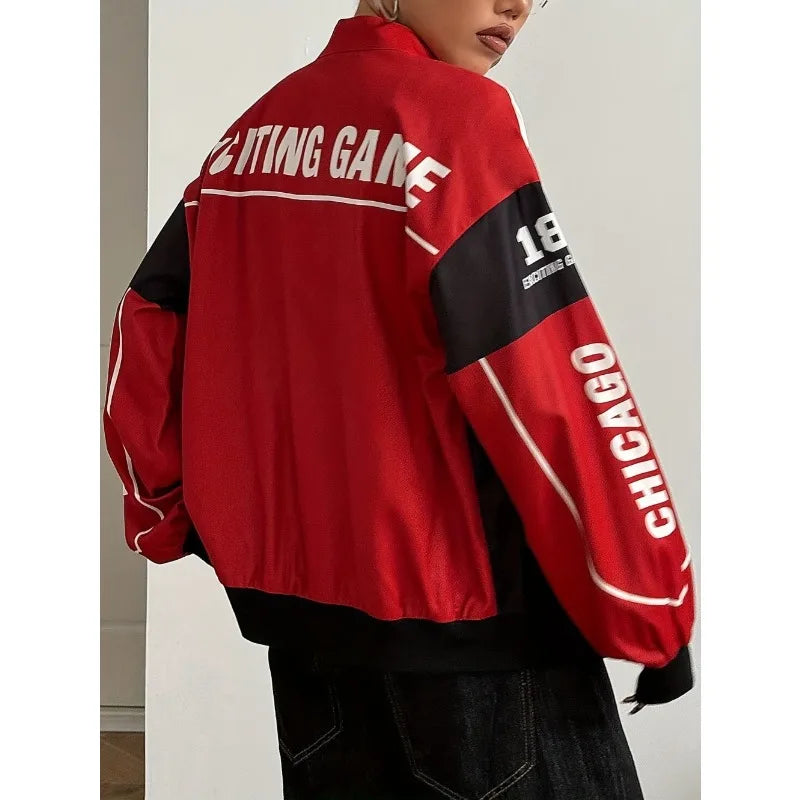 Y2K Retro Racing Bomber Jacket - Unisex Oversized Streetwear Moto Jacket - Red & White Colorblock Windbreaker - Harajuku Style Full-Zip Biker Outwear - Aesthetic Speed Club Jacket