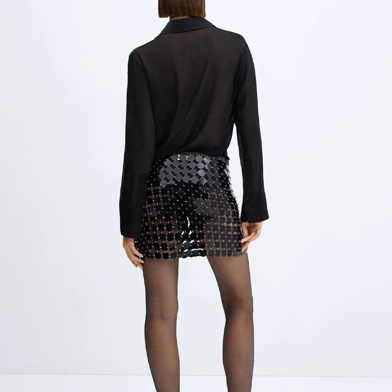 Metallic Disc Chainmail Mini Skirt - Sparkly Black Sequin Link Body Chain Belt - Festival Rave Nightout Statement Skirt - Adjustable Luxury Sequin Fringe Beach Cover-up for Women