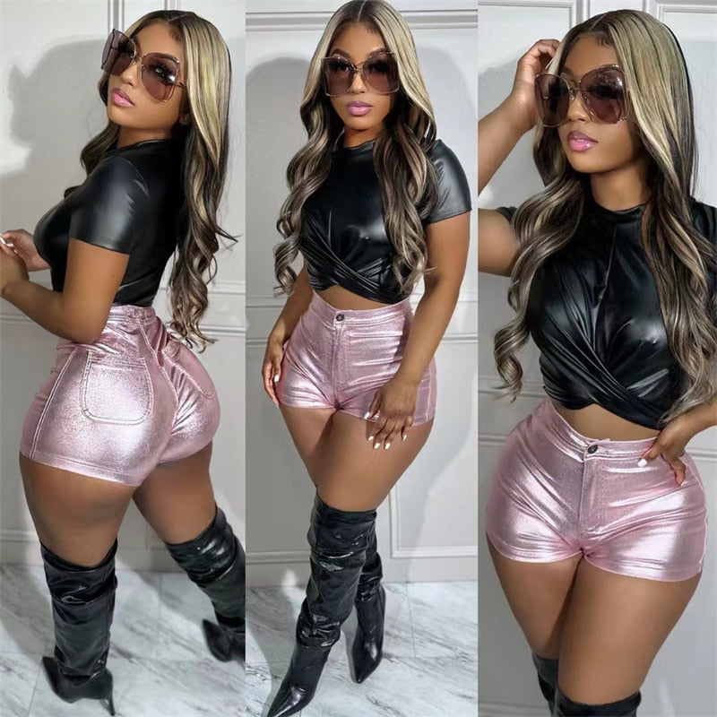 Metallic Y2K Button Fly Slim Shorts