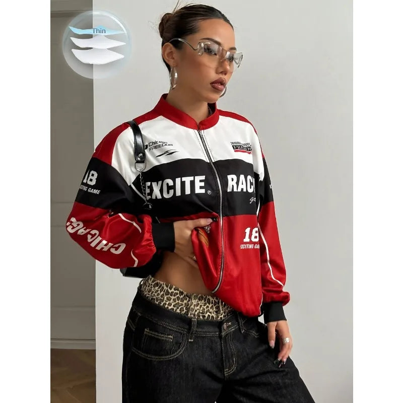 Y2K Retro Racing Bomber Jacket - Unisex Oversized Streetwear Moto Jacket - Red & White Colorblock Windbreaker - Harajuku Style Full-Zip Biker Outwear - Aesthetic Speed Club Jacket
