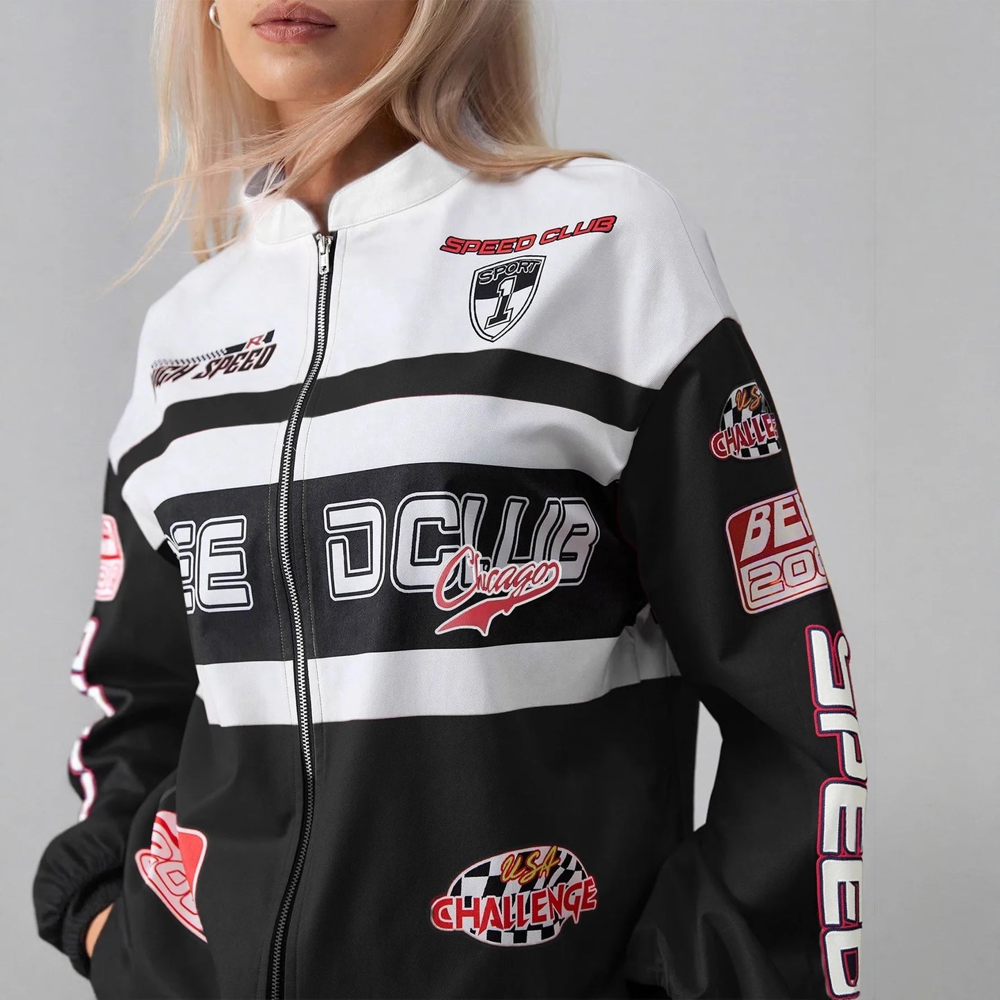 Y2K Retro Racing Bomber Jacket - Unisex Oversized Streetwear Moto Jacket - Embroidered Patchwork Windbreaker - Harajuku Style Full-Zip Biker Outwear - Aesthetic Speed Club Jacket