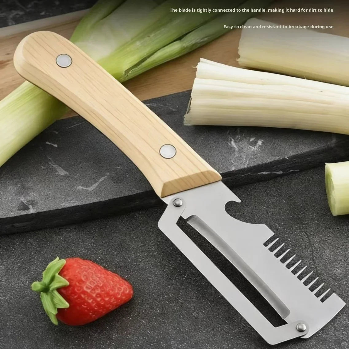Multifunctional Cabbage Shredder & Vegetable Peeler Slicer - Stainless Steel Dual-Blade Julienne Cutter with Ergonomic Wooden Handle - Handheld Kitchen Tool for Coleslaw, Salads & Prep