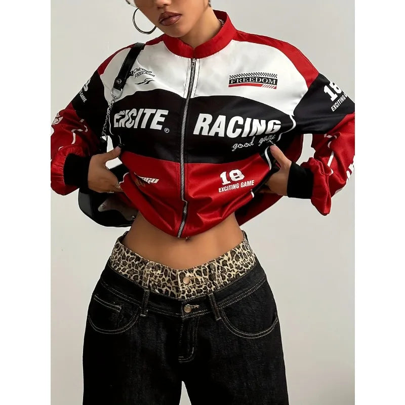 Y2K Retro Racing Bomber Jacket - Unisex Oversized Streetwear Moto Jacket - Red & White Colorblock Windbreaker - Harajuku Style Full-Zip Biker Outwear - Aesthetic Speed Club Jacket