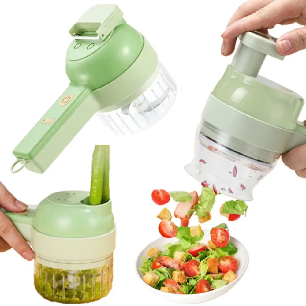 4-in-1 Handheld Electric Vegetable Cutter Set - USB Rechargeable Wireless Garlic Masher, Slicer, Chopper & Electric Cleaning Brush for Kitchen Prep