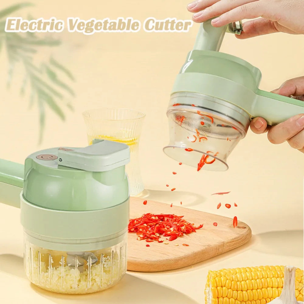 4-in-1 Handheld Electric Vegetable Cutter Set - USB Rechargeable Wireless Garlic Masher, Slicer, Chopper & Electric Cleaning Brush for Kitchen Prep