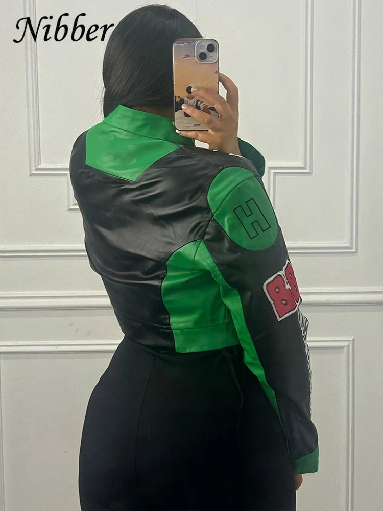 Y2K Retro Racing Crop Jacket - Women’s Harajuku Moto Streetwear - Green & Black Patchwork Faux Leather Biker Outwear - Aesthetic Speed Club Cropped Bomber - Vintage Moto-Style Fashion