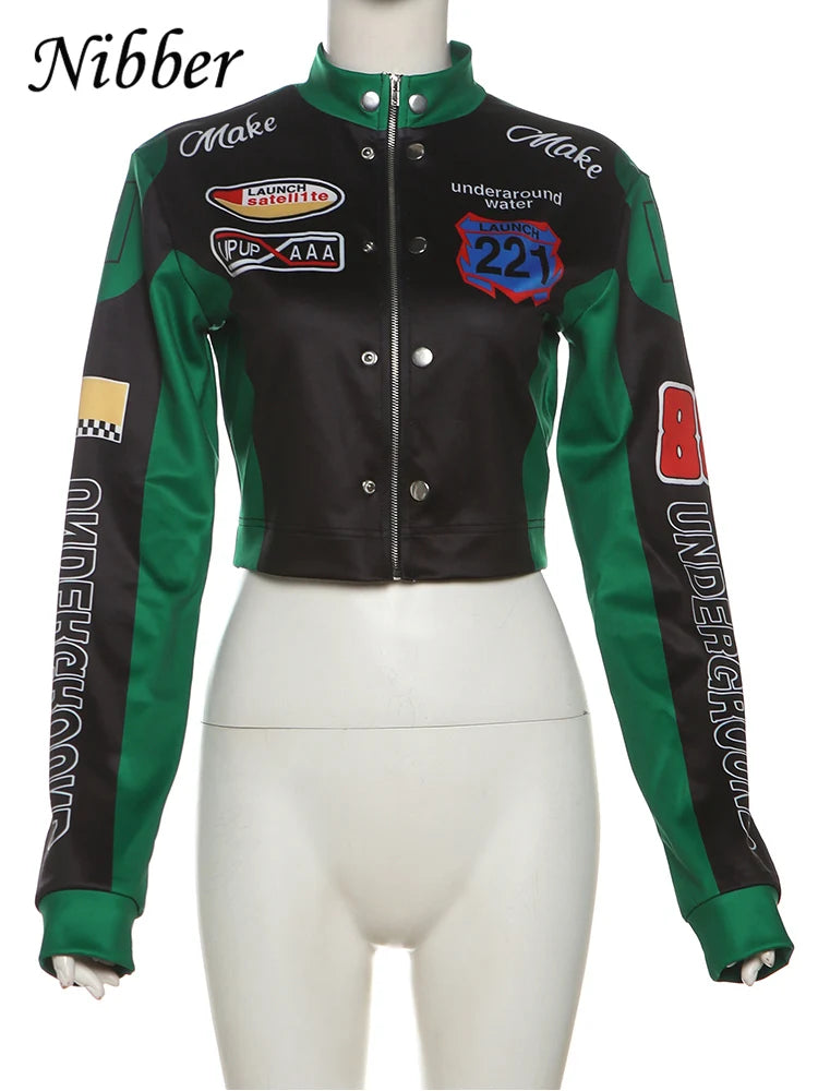 Y2K Retro Racing Crop Jacket - Women’s Harajuku Moto Streetwear - Green & Black Patchwork Faux Leather Biker Outwear - Aesthetic Speed Club Cropped Bomber - Vintage Moto-Style Fashion