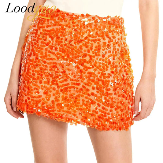 Sparkly Orange Sequin Mini Skirt - Premium Glitter Bodycon Club Nightwear - Vibrant Summer Festival Rave Outfits - High-Waisted Shimmering Party A-Line Skirt for Women
