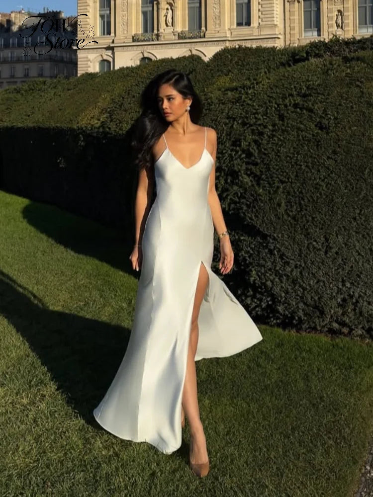 Elegant White Silk Satin Maxi Slip Dress - Premium Spaghetti Strap V-Neck Backless Evening Gown - High-Slit Luxury Silk Long Dress for Weddings, Prom, Cocktail Parties & Formal Events