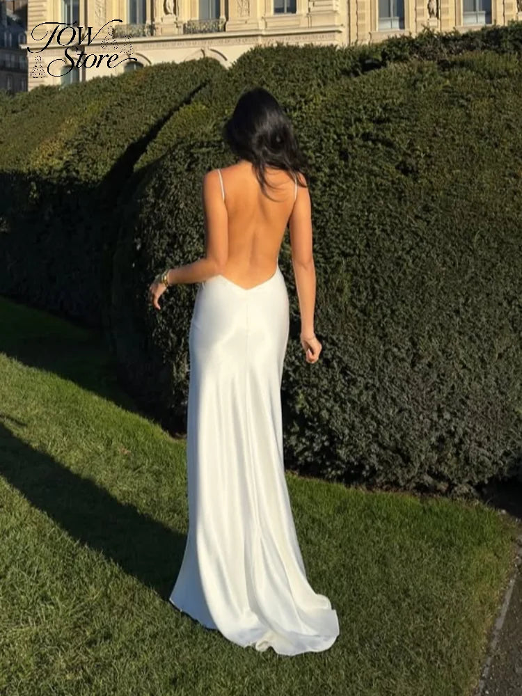 Elegant White Silk Satin Maxi Slip Dress - Premium Spaghetti Strap V-Neck Backless Evening Gown - High-Slit Luxury Silk Long Dress for Weddings, Prom, Cocktail Parties & Formal Events