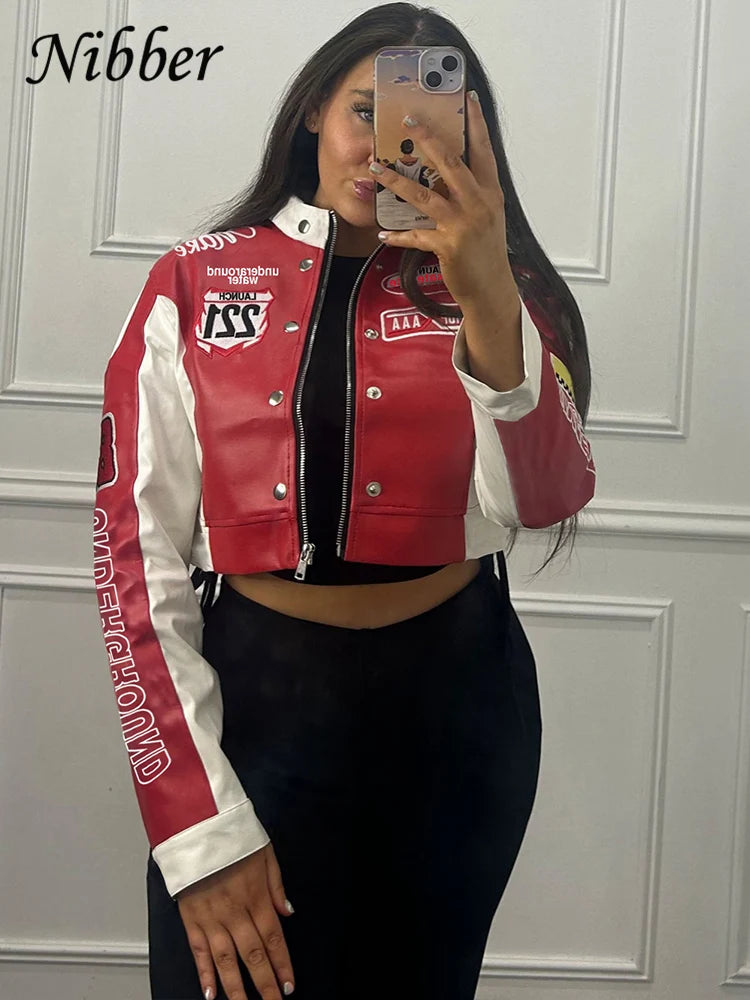 Y2K Retro Racing Crop Jacket - Women’s Harajuku Moto Streetwear - Green & Black Patchwork Faux Leather Biker Outwear - Aesthetic Speed Club Cropped Bomber - Vintage Moto-Style Fashion