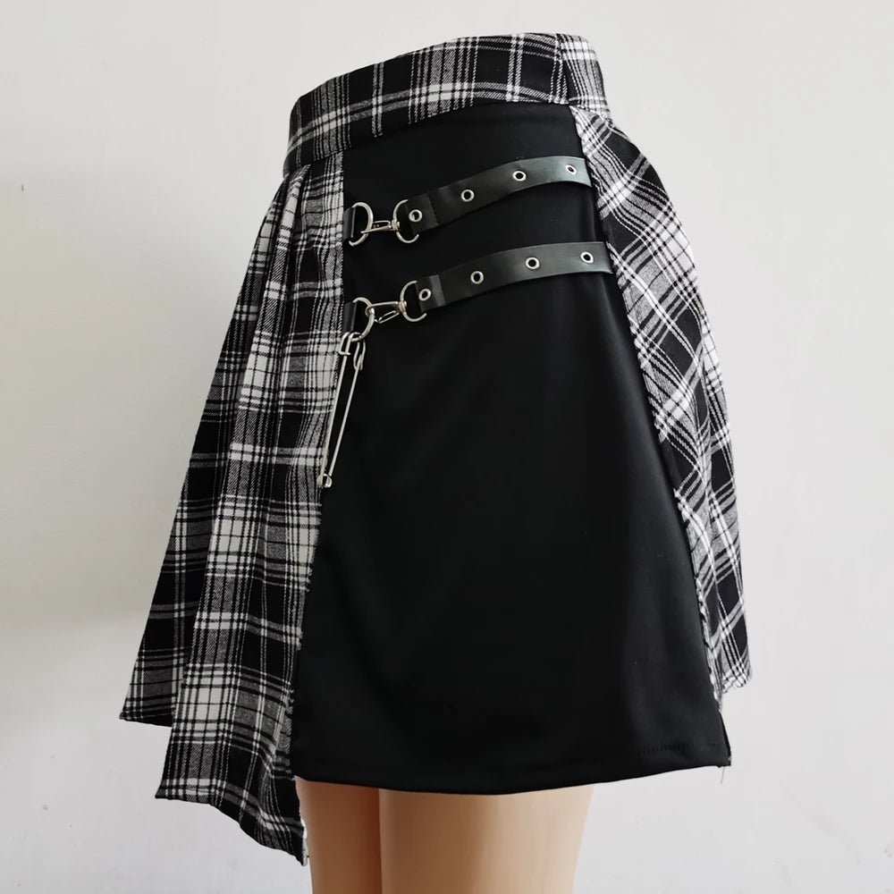 Gothic Red Plaid Patchwork Mini Skirt - Punk Rock Asymmetrical Pleated Skater Skirt - Harajuku Alt E-Girl A-Line Bottoms - Edgy High-Waisted Streetwear Skirt with Faux Leather Buckles & Safety Pin Accent