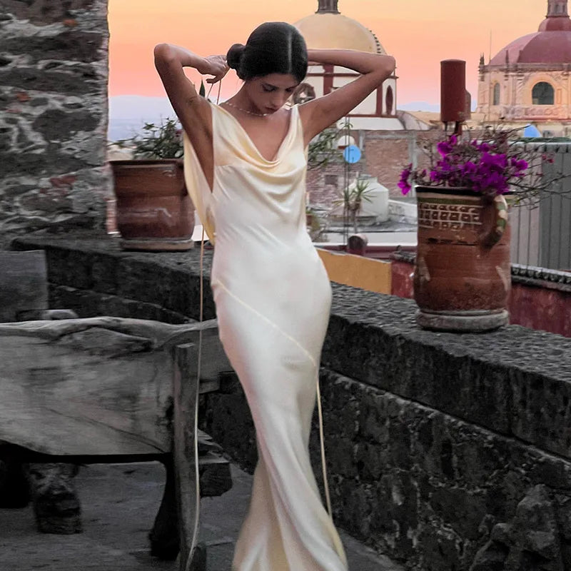 Elegant Buttermilk Cowl Neck Satin Maxi Slip Dress - Premium Backless Draped Silk Evening Gown - Luxury Champagne Long Dress with Low Open Back for Weddings, Prom, Dinners & Formal Events