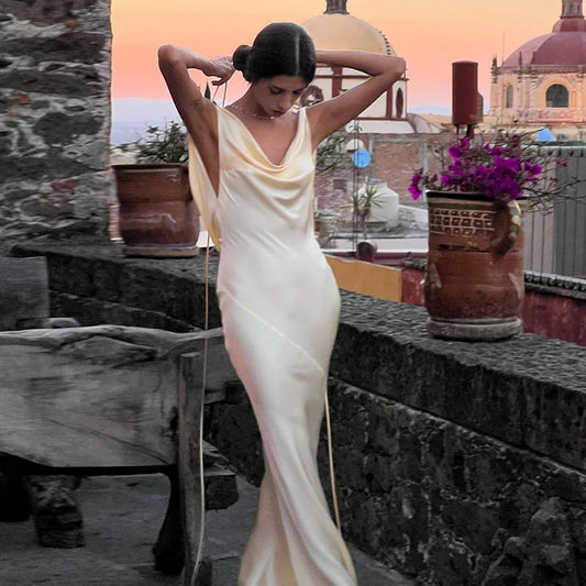 Elegant Buttermilk Cowl Neck Satin Maxi Slip Dress - Premium Backless Draped Silk Evening Gown - Luxury Champagne Long Dress with Low Open Back for Weddings, Prom, Dinners & Formal Events
