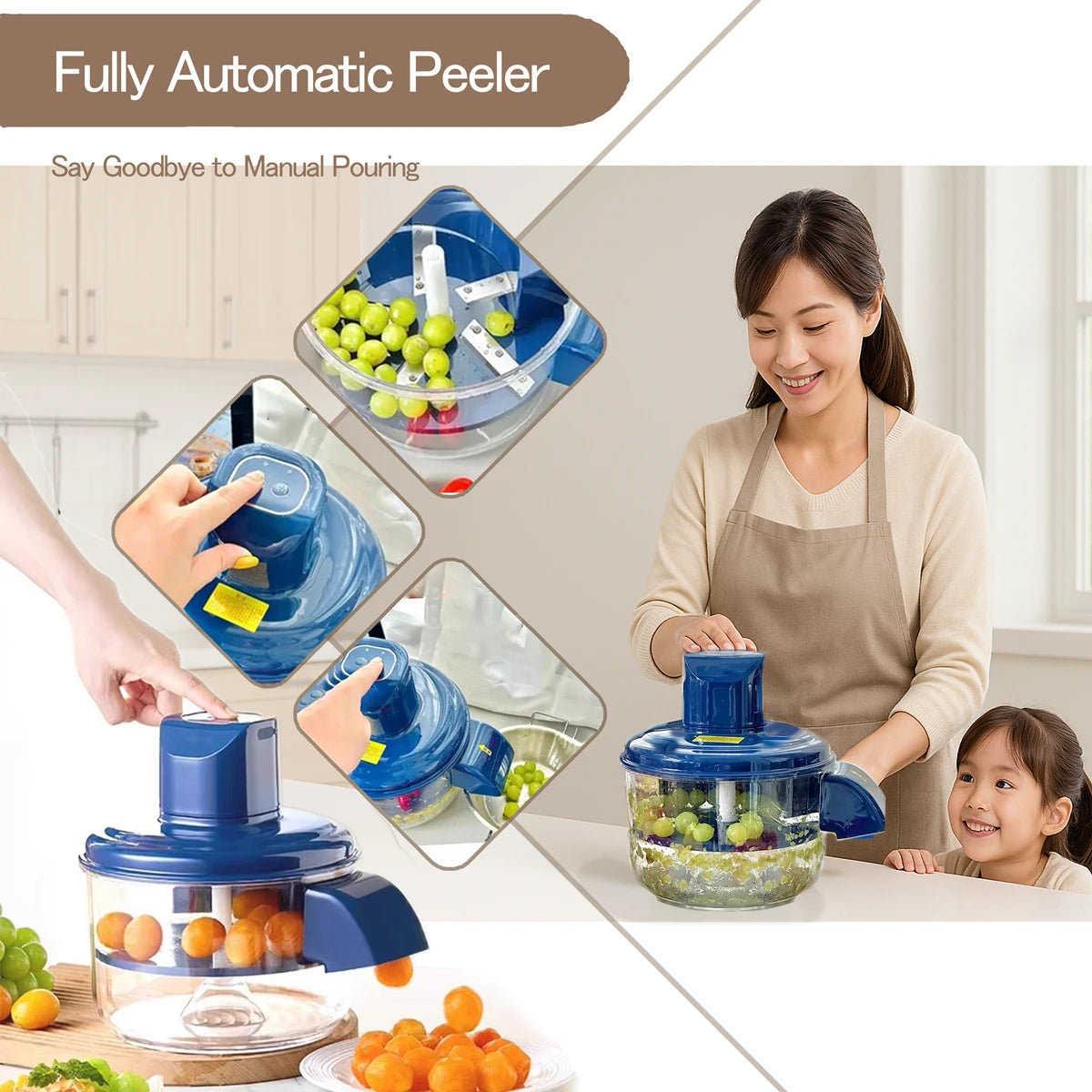 Automatic Electric Grape Peeler Machine - USB Rechargeable 5-Blade Small Fruit & Garlic Skin Remover - One-Touch Kitchen Prep Tool for Cherry Tomatoes, Grapes & Kumquats